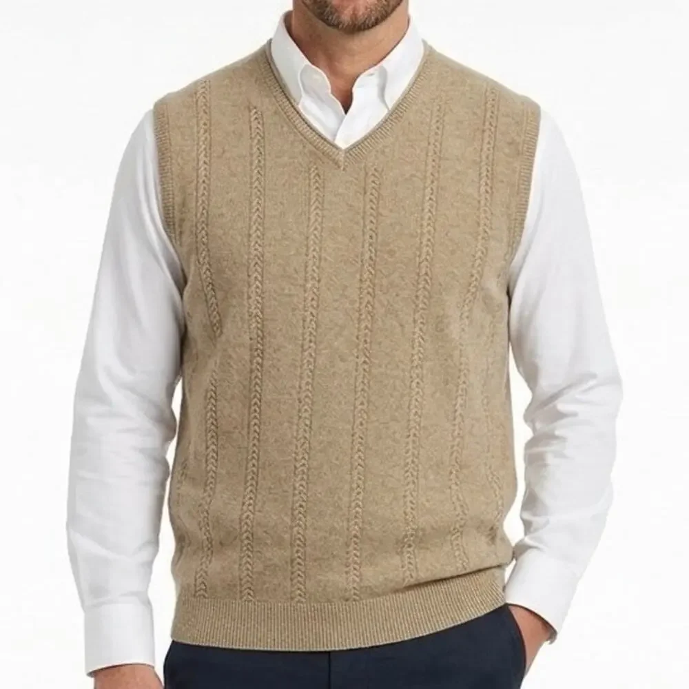 Tommy Bahama Men’s Cotton Cable Knit Sweater Vest V-Neck Tan Preppy Golf Size XL
